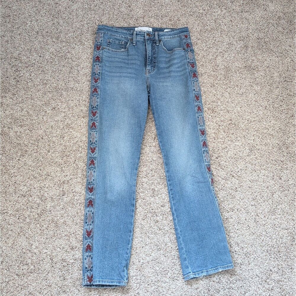 Sam Edelman High Rise Slim Straight Jeans 29 Indie Embroidered Side Trim Design